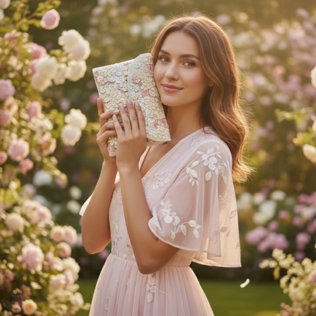 Roselle Floral Sequin Handcrafted Bridal Clutch
