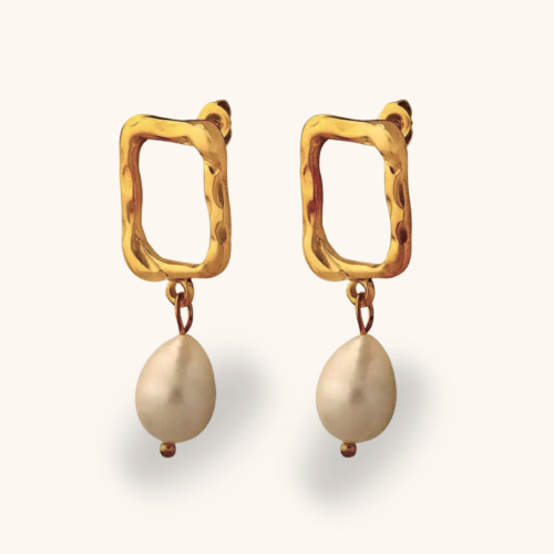 Gold Plated Square Stud Pearl Drop Earrings